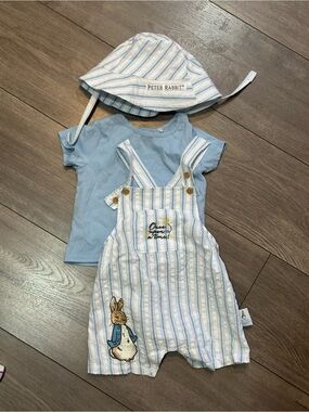 Peter Rabbit Baby Romper Set in Light Blue & White Stripes
